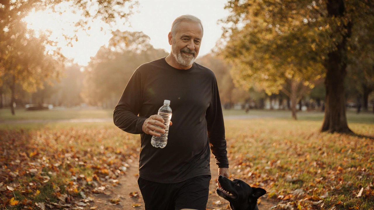 A man walking happily with his dog at sunrise, showing improved mobility after training.