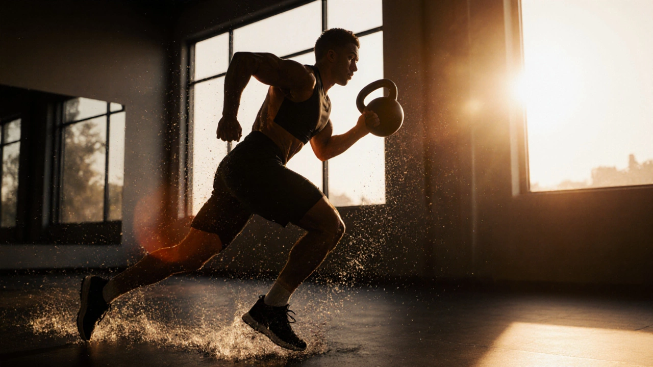 Athlete sprinting during evening HIIT in gym, sunlight streaming through windows.