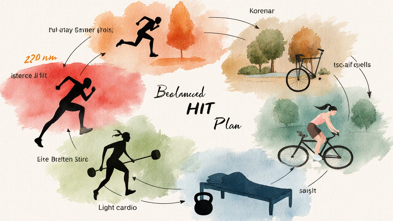 Circular collage of seven daily fitness activities showing a balanced weekly HIIT schedule.