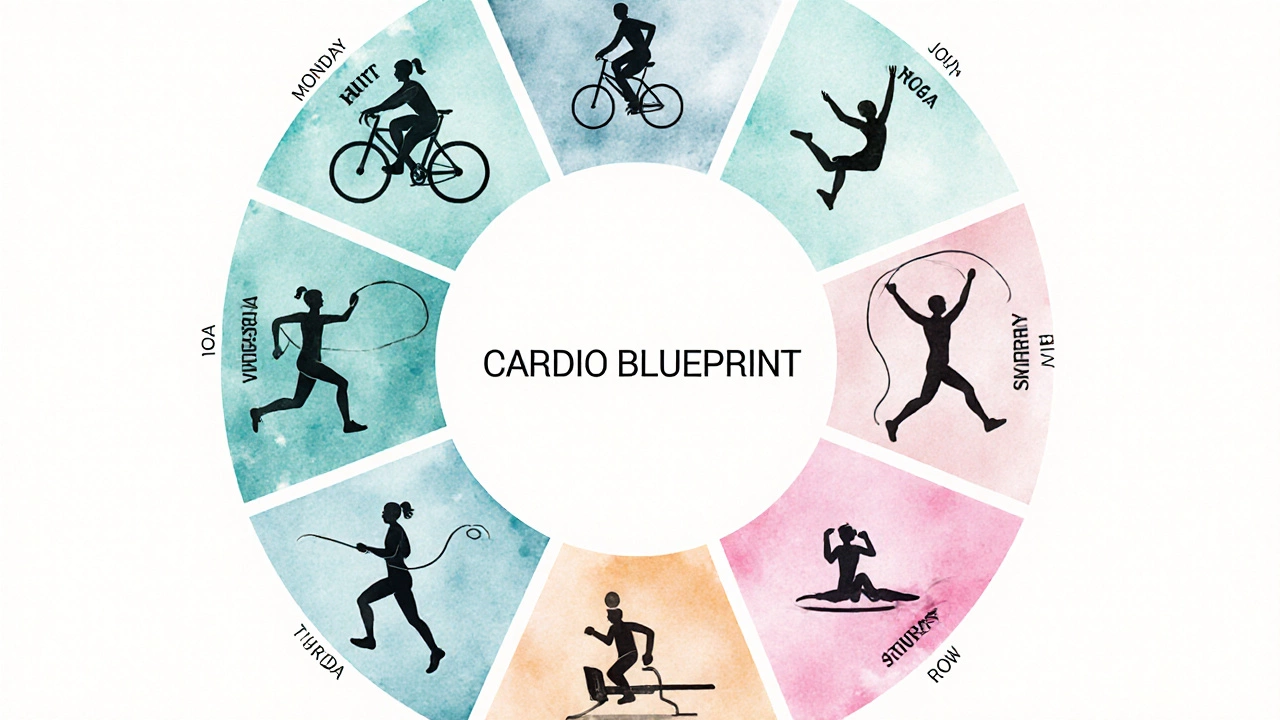 Circular weekly plan with silhouettes of HIIT, cycling, yoga, jump rope, running, rowing, swimming.