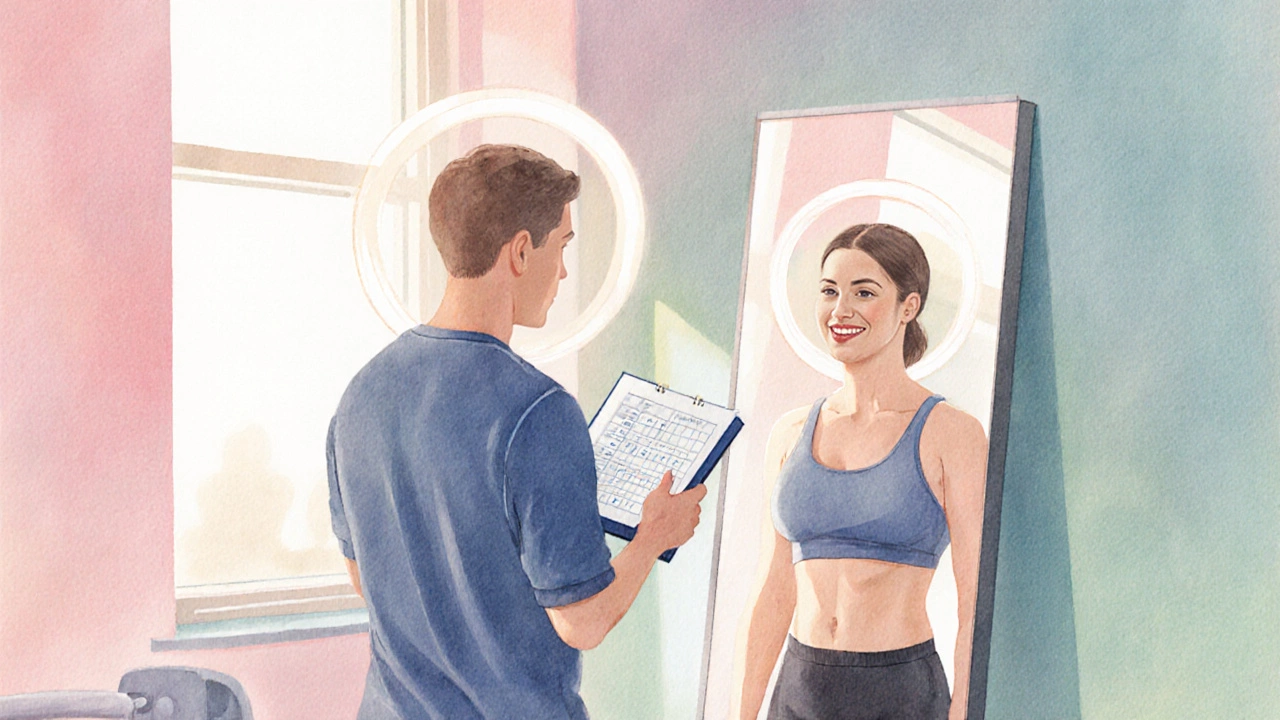 Client celebrating progress with trainer, admiring improved physique in a mirror.