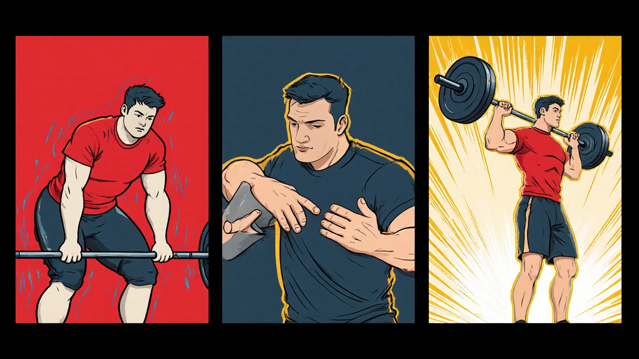 Comic-style sequence showing someone learning proper lifting technique with a trainer.