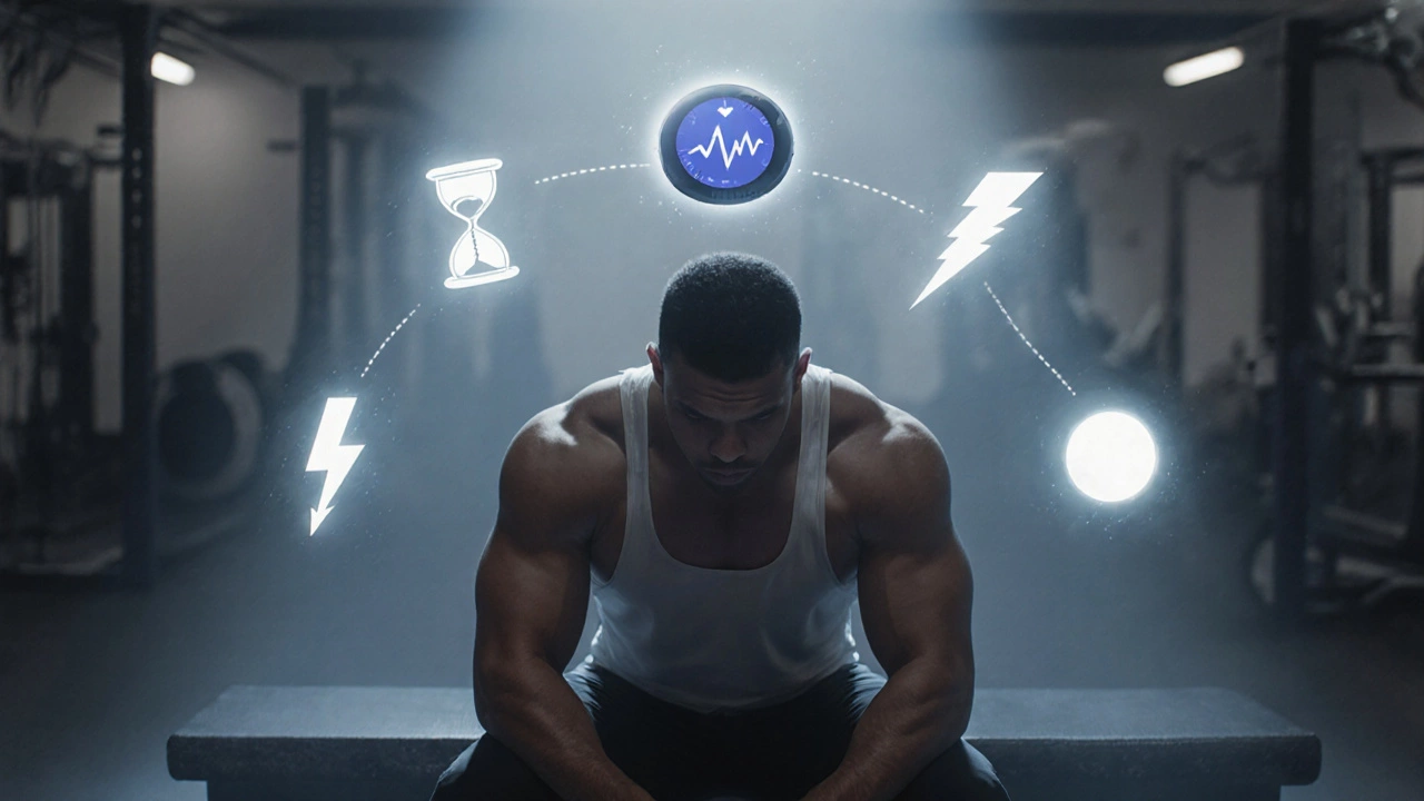 Exhausted athlete seated, heart‑rate monitor glowing, surrounded by symbols of overtraining.