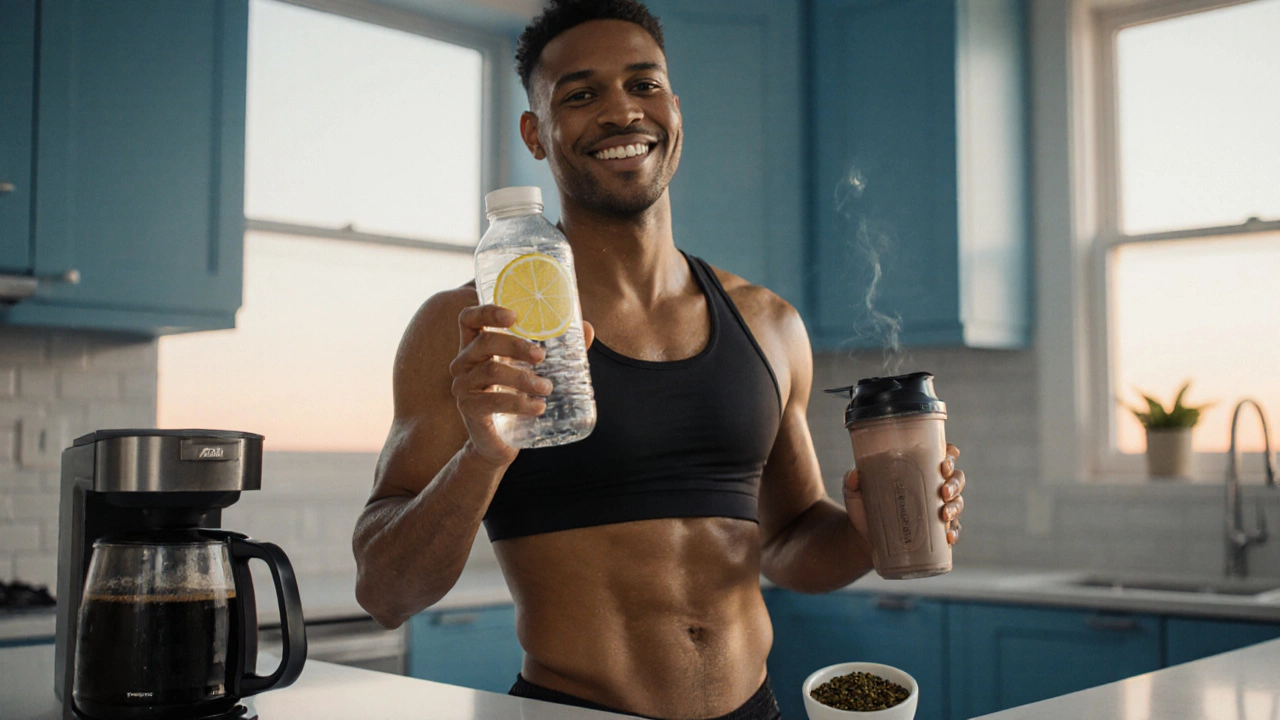 Fit individual smiling after workout, holding lemon water and protein shake.