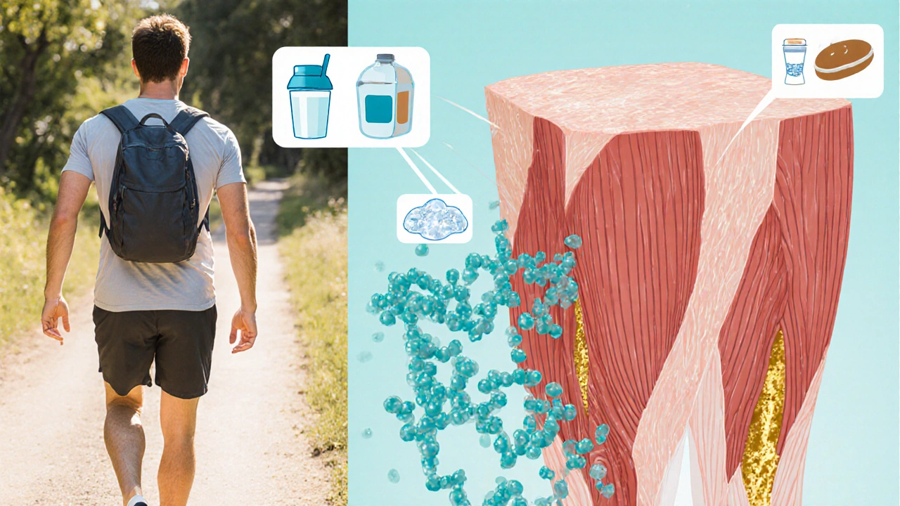Fit man walking and anatomical view of muscle fibers with glycogen particles.