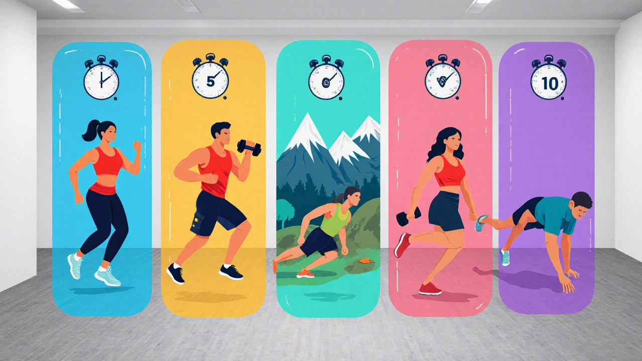 Five panels showing jump squats, push‑ups, mountain climbers, dumbbell rows, and plank holds.