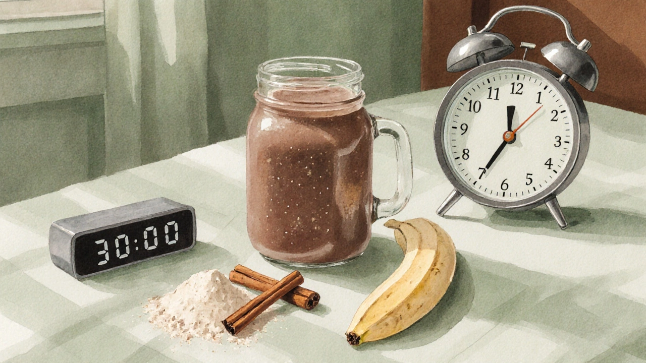 Flat‑lay of a casein shake with banana, almond milk, and cinnamon on a nightstand.