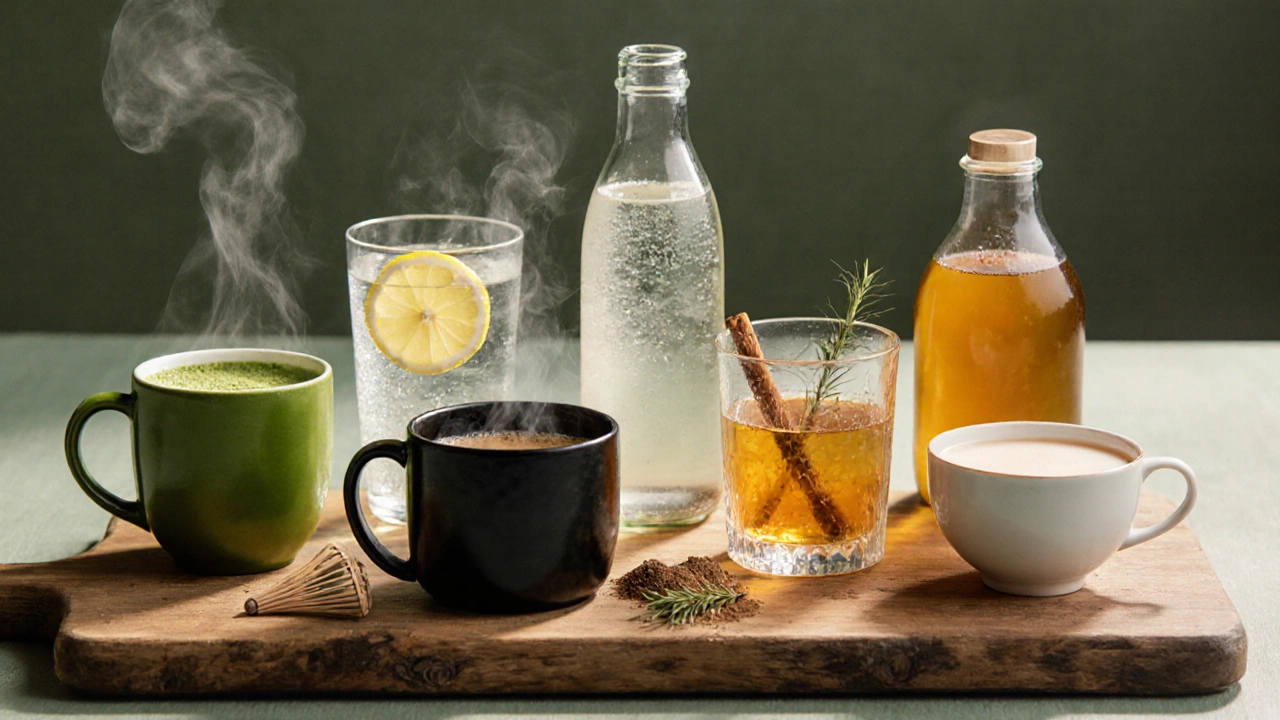 Flat lay of eight low‑calorie drinks on a wooden board, each in its own glass.
