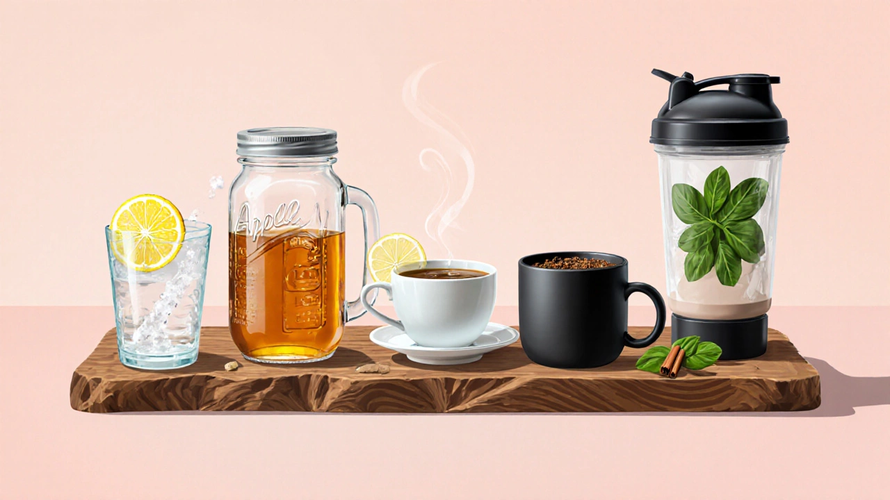Flat‑lay of lemon water, ACV drink, green tea, black coffee, and protein shake.