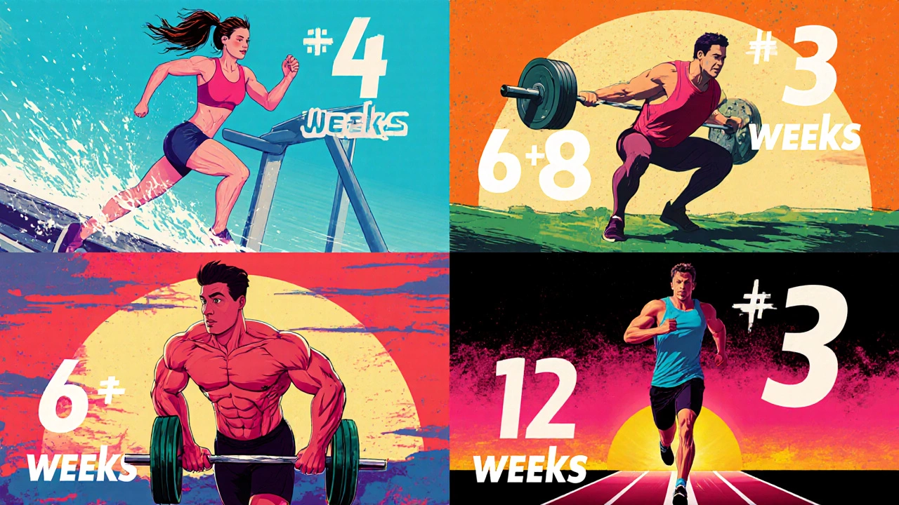 Four workout scenes showing weight loss, strength, hypertrophy, and endurance goals.