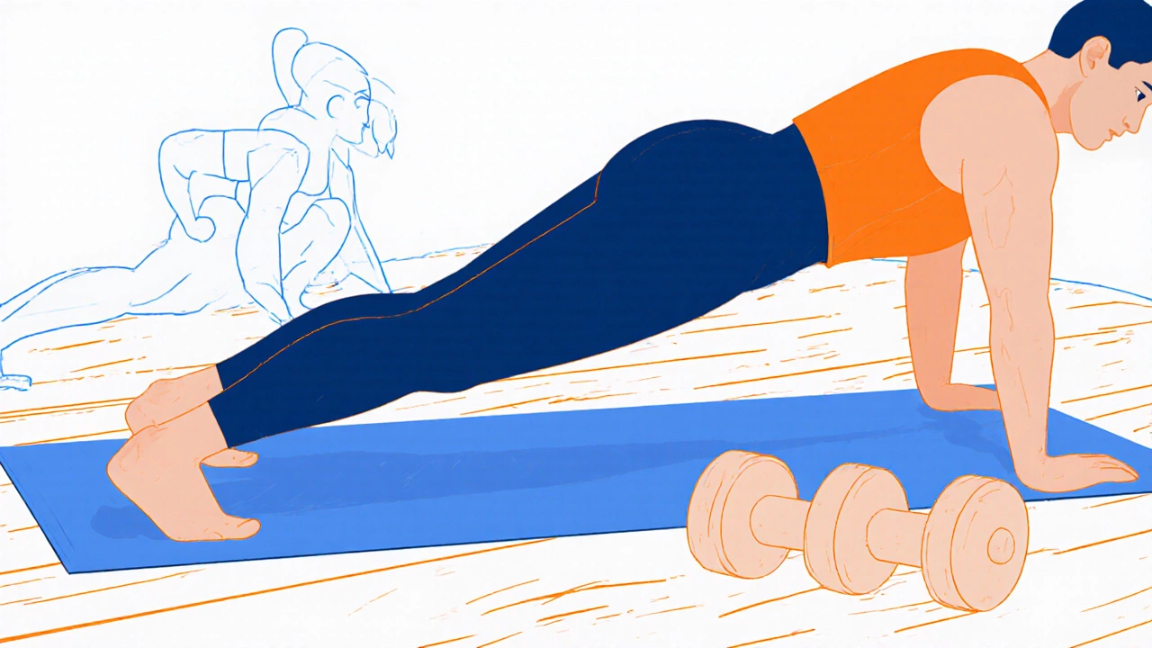 Home strength training with push‑ups and dumbbells.