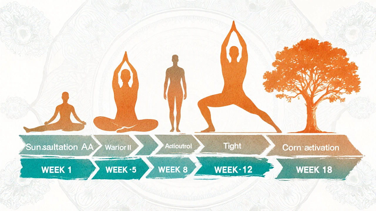 Illustrated timeline showing a yoga practitioner progressing from simple to toned poses over 12 weeks.