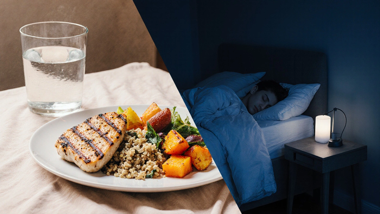 Plate of balanced food beside a calm bedroom scene.