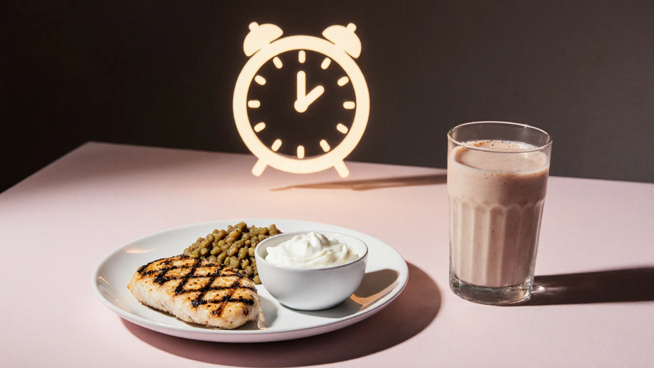 Plate with chicken, yogurt, lentils and a small protein shake glass beside it.