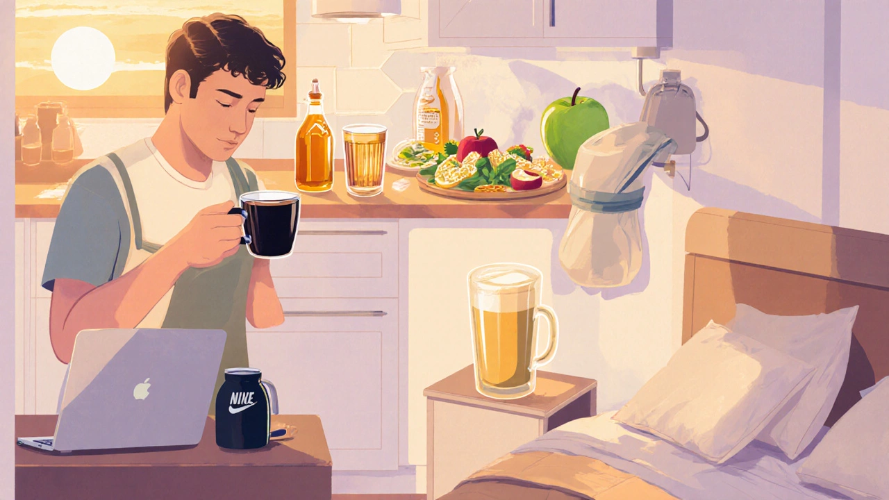 Series of daily scenes showing a person drinking coffee, tea, kombucha, ACV, protein shake, and golden milk.
