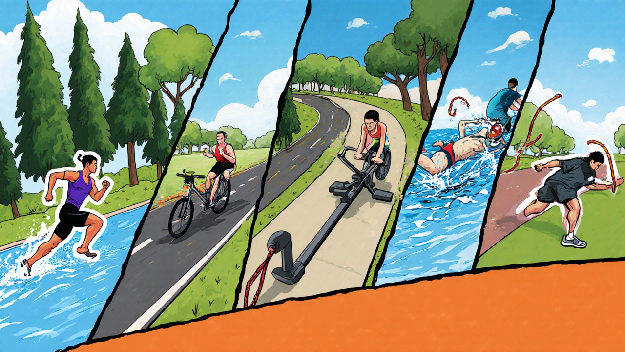 Seven cardio activities shown side by side: running, cycling, rowing, swimming, jump rope, HIIT, jogging.