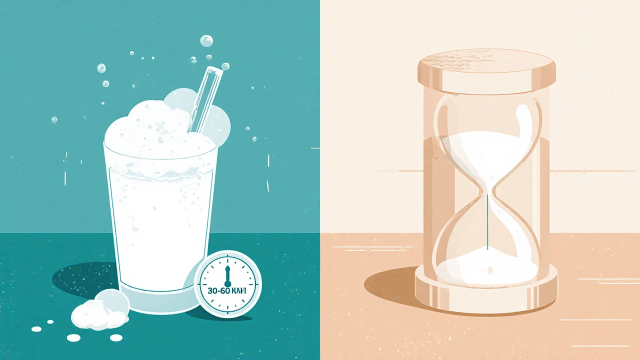 Side‑by‑side illustration comparing foamy whey with thick casein protein shakes.