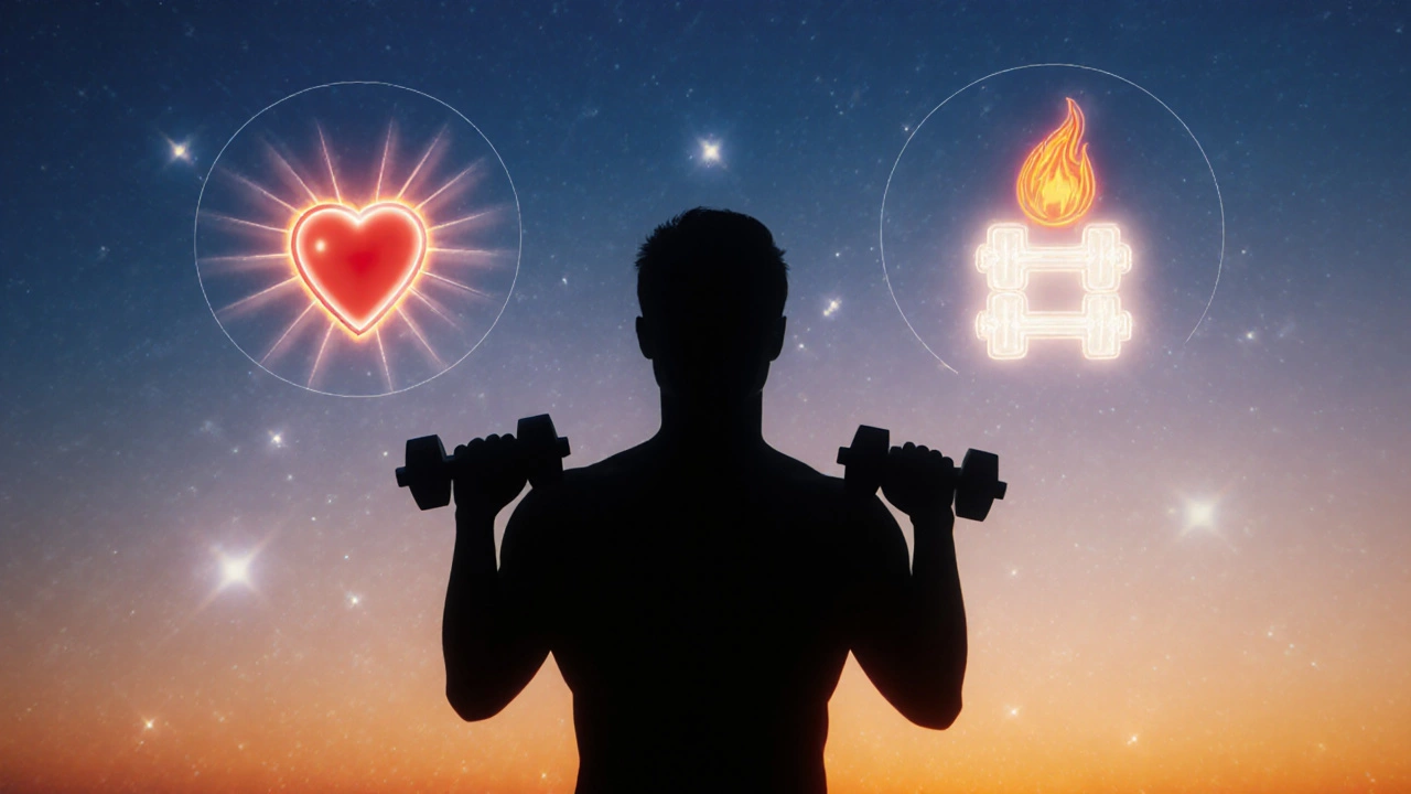 Silhouette surrounded by icons of heart, flame, and dumbbells symbolizing workout benefits.