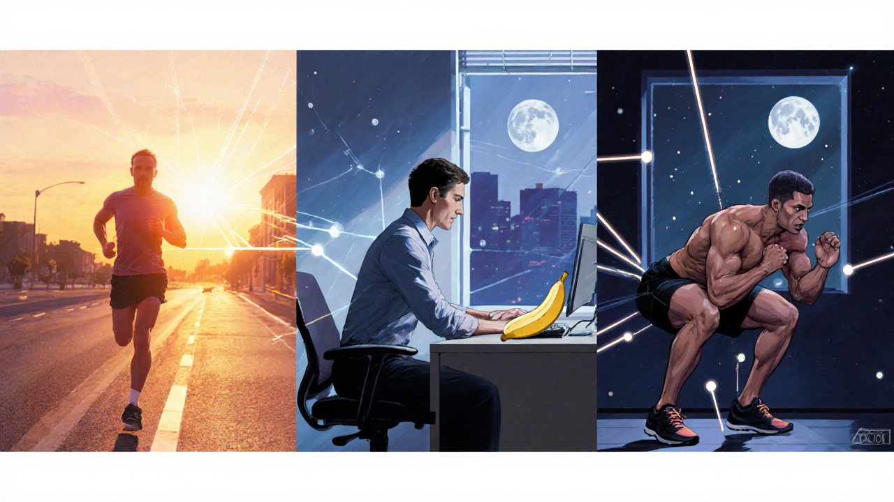 Split-panel concept showing morning, noon, and evening HIIT times with circadian rhythm lines.