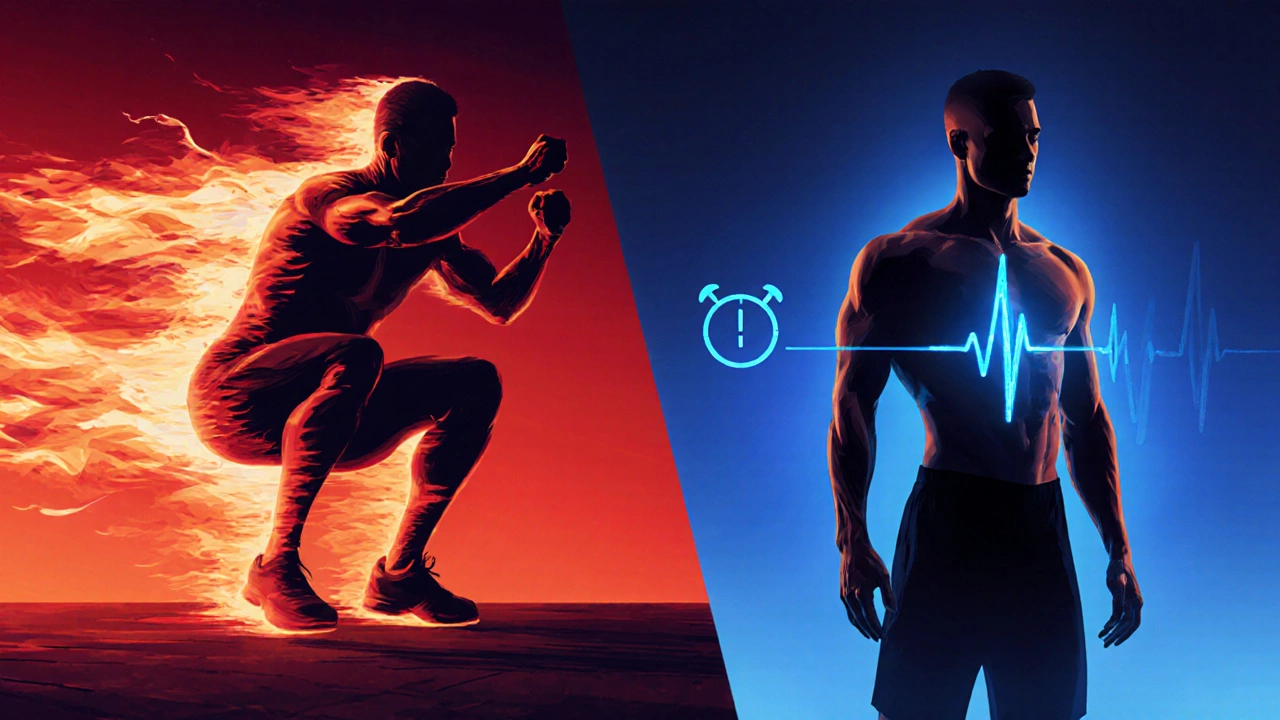 Split view of a squat‑jump interval and a rest period with a pulse aura.