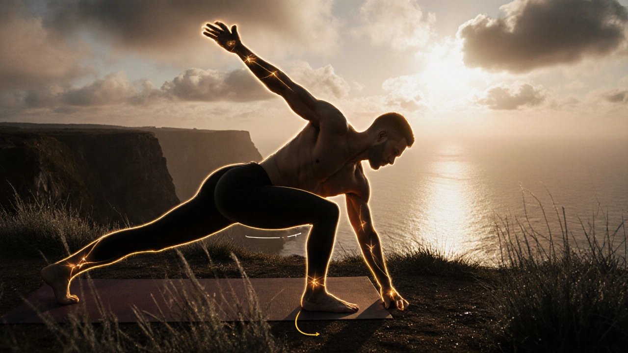 Sunrise cliff scene with a yogi in a powerful flow, highlighted by a glowing aura indicating strength.