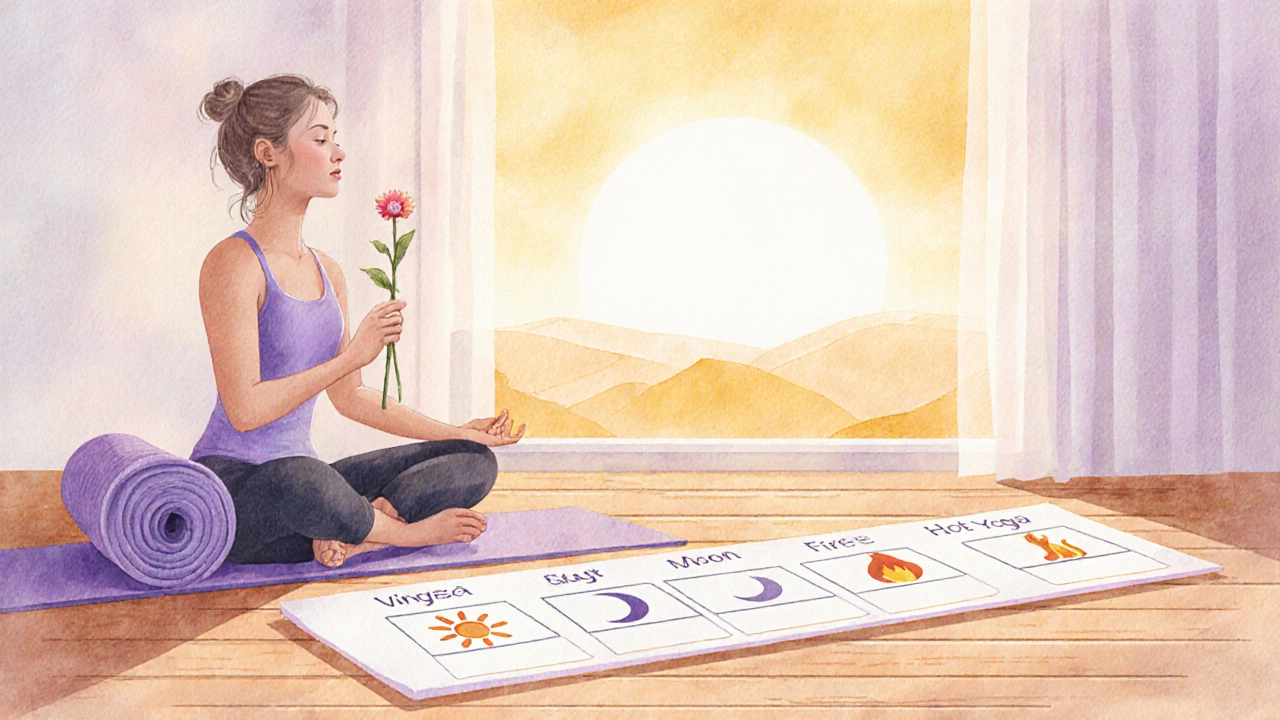 Sunrise studio with a calendar of yoga days and a relaxed practitioner holding a flower.