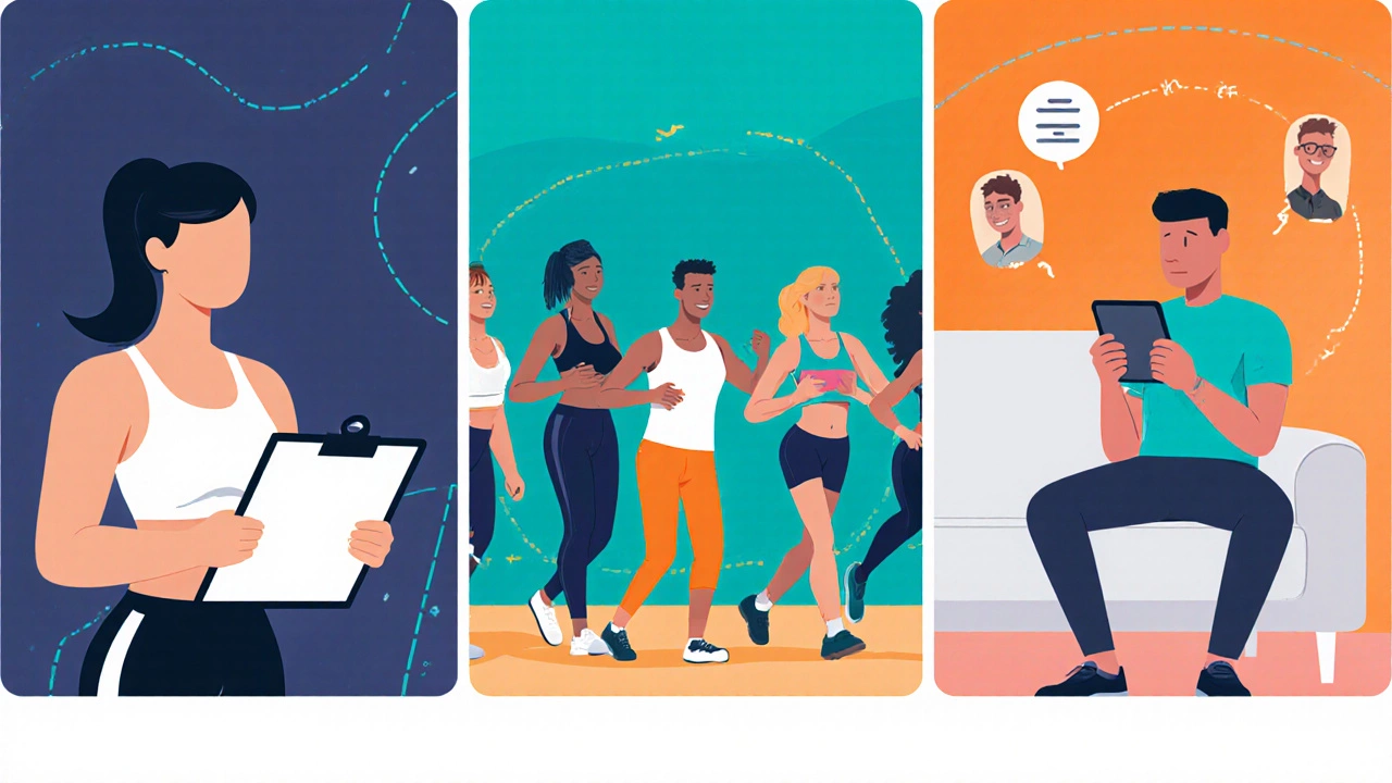 Three-panel illustration showing one‑on‑one training, group class, and virtual fitness app.