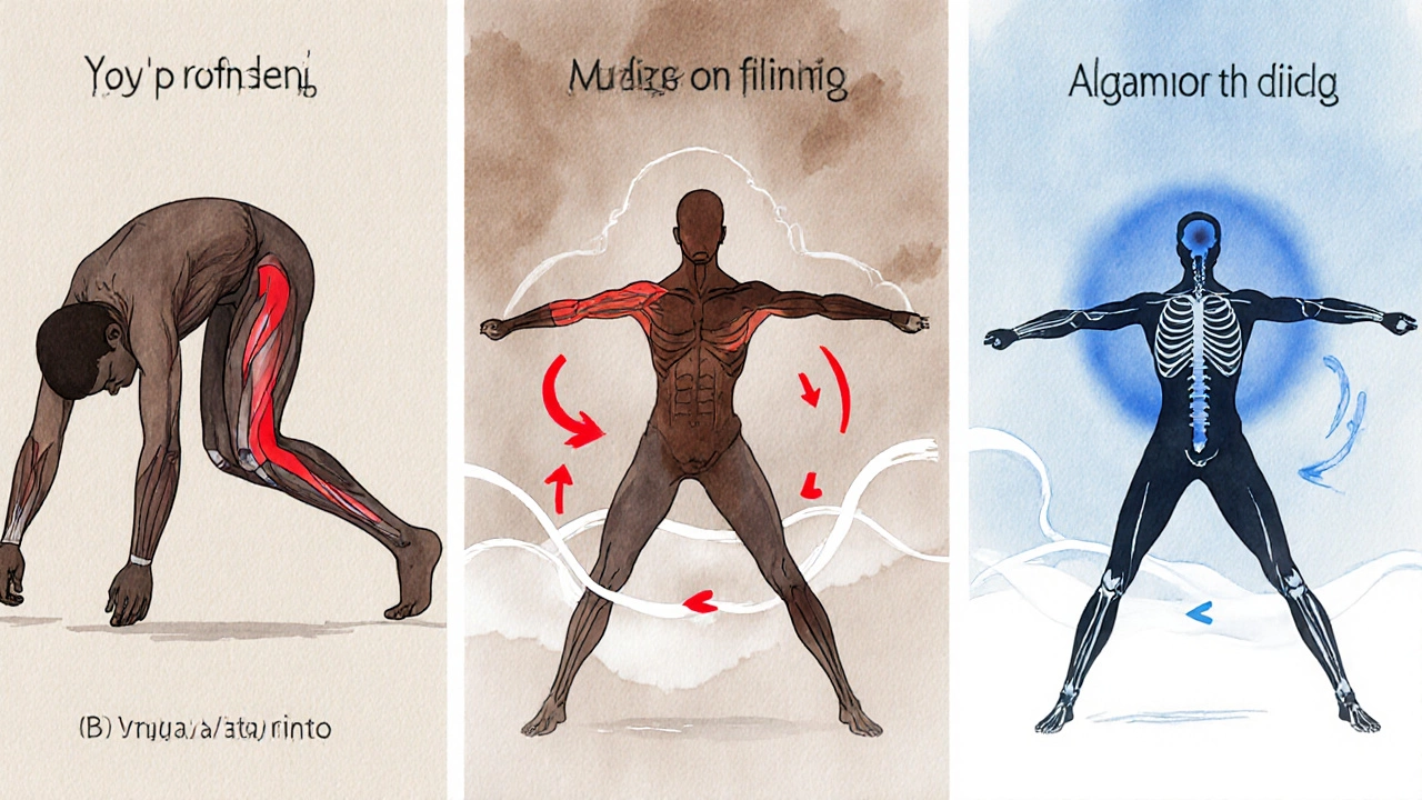 Three-panel watercolor showing yoga mistakes vs corrections, highlighting alignment and breath.