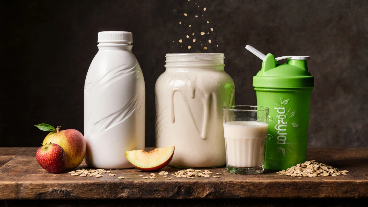Three shake bottles – whey, casein, plant – displayed with fruit and oats on a wooden surface.