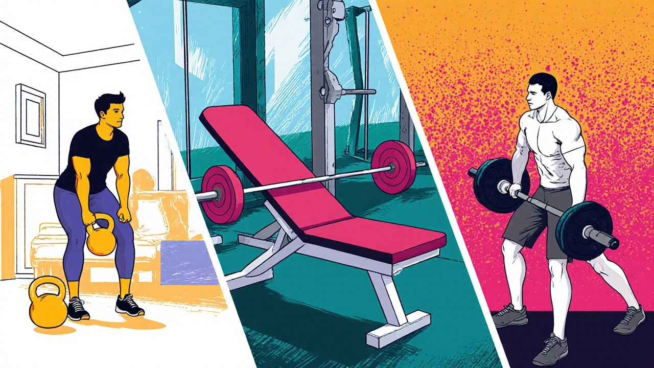 Three variations of the 555 workout: squat, bench press, and deadlift in one comic-style panel