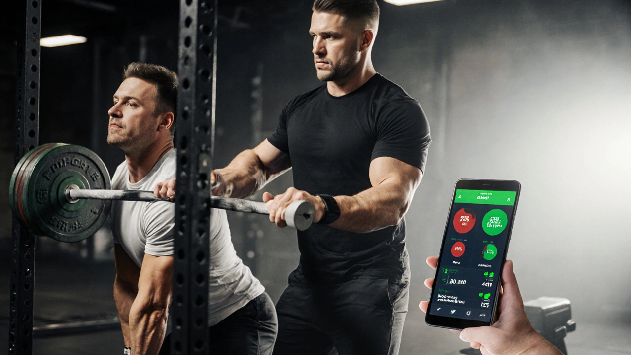 Trainer correcting a client’s deadlift form, with progress data displayed on a tablet.