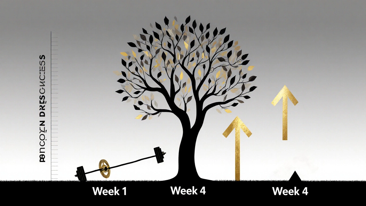 Tree growing from light to heavy weights, symbolizing strength progress over weeks