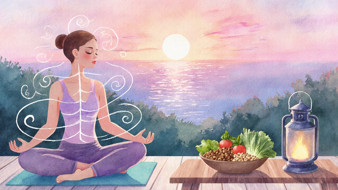 Watercolor of a meditating yogi with mindful meal and sunset backdrop.