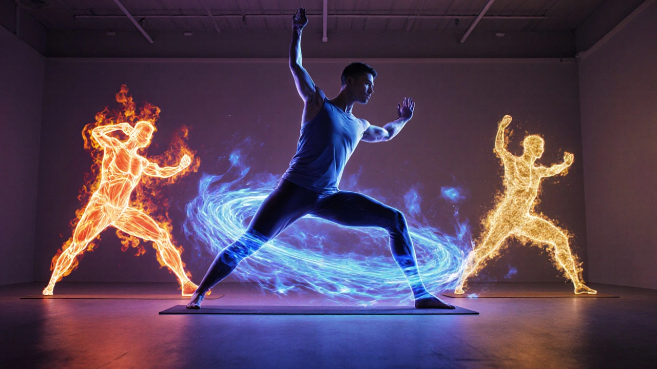 Yoga flow surrounded by glowing muscles, orange flames for calorie burn, and blue wisps representing cortisol reduction.