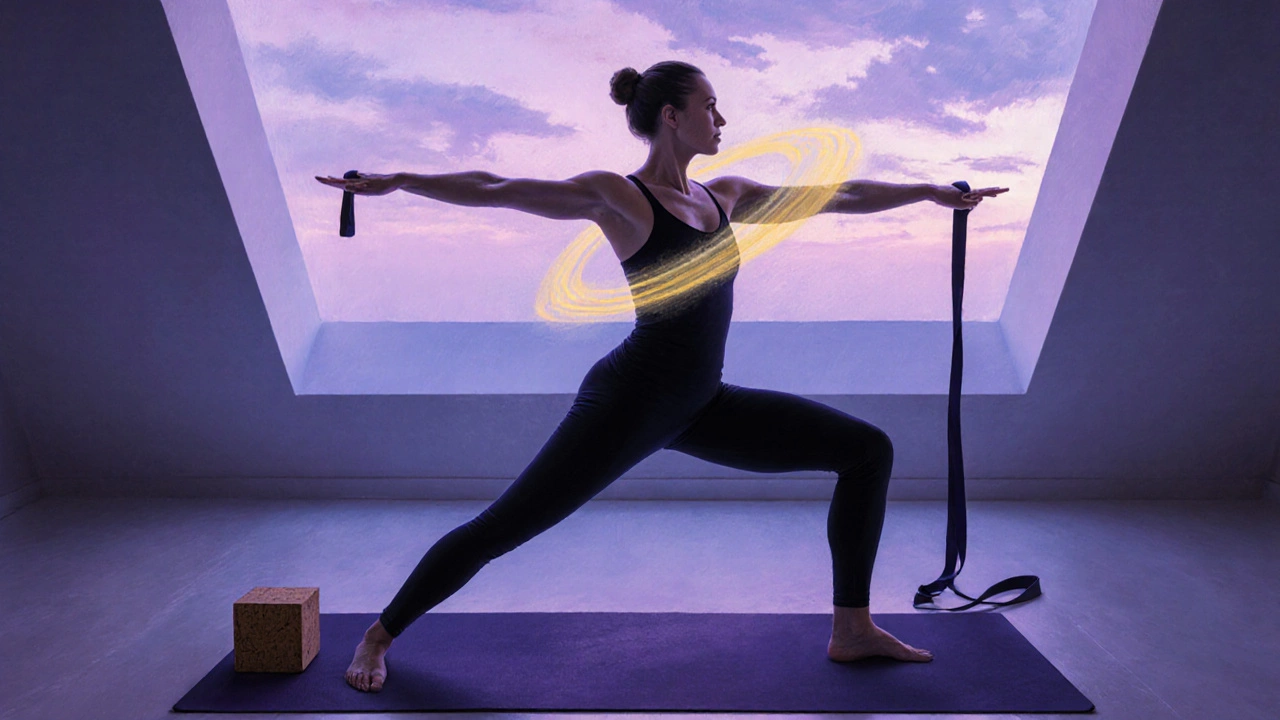 Yogi in perfect Warrior II pose at dusk, with props and a subtle breath halo.