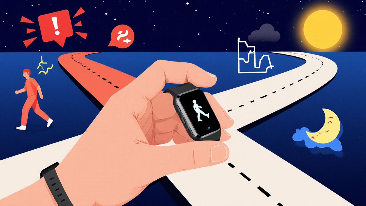 A fitness tracker at a crossroads between stress and mindful health habits.