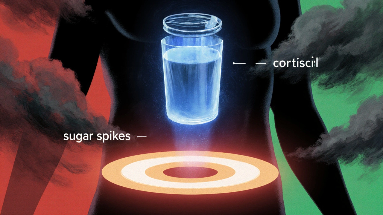 A human silhouette with a shrinking waist surrounded by abstract clouds of sugar and stress, protected by a glowing protein shake.