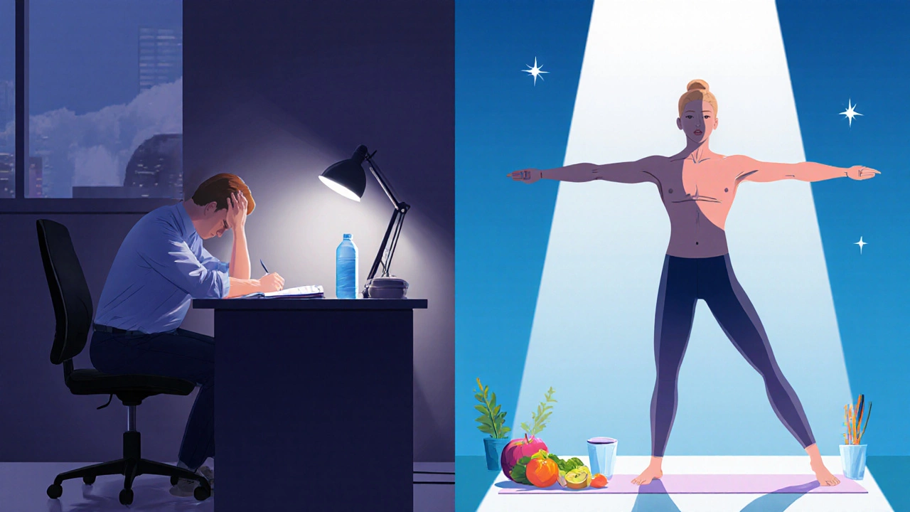 Contrast of slouched posture vs. strong Warrior III pose, symbolizing health transformation through yoga and lifestyle.