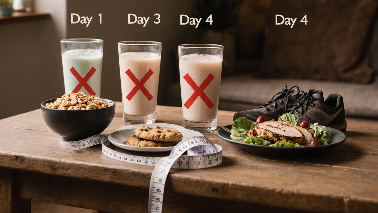Four days of healthy habit changes shown on a table: shake replacing junk food, ending with a tape measure showing progress.