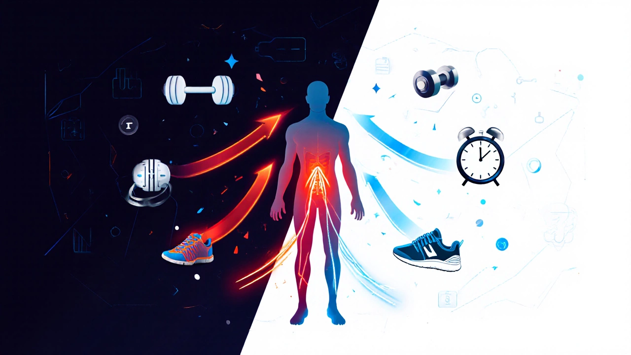 Human silhouette with energy flows showing strength training followed by cardio.