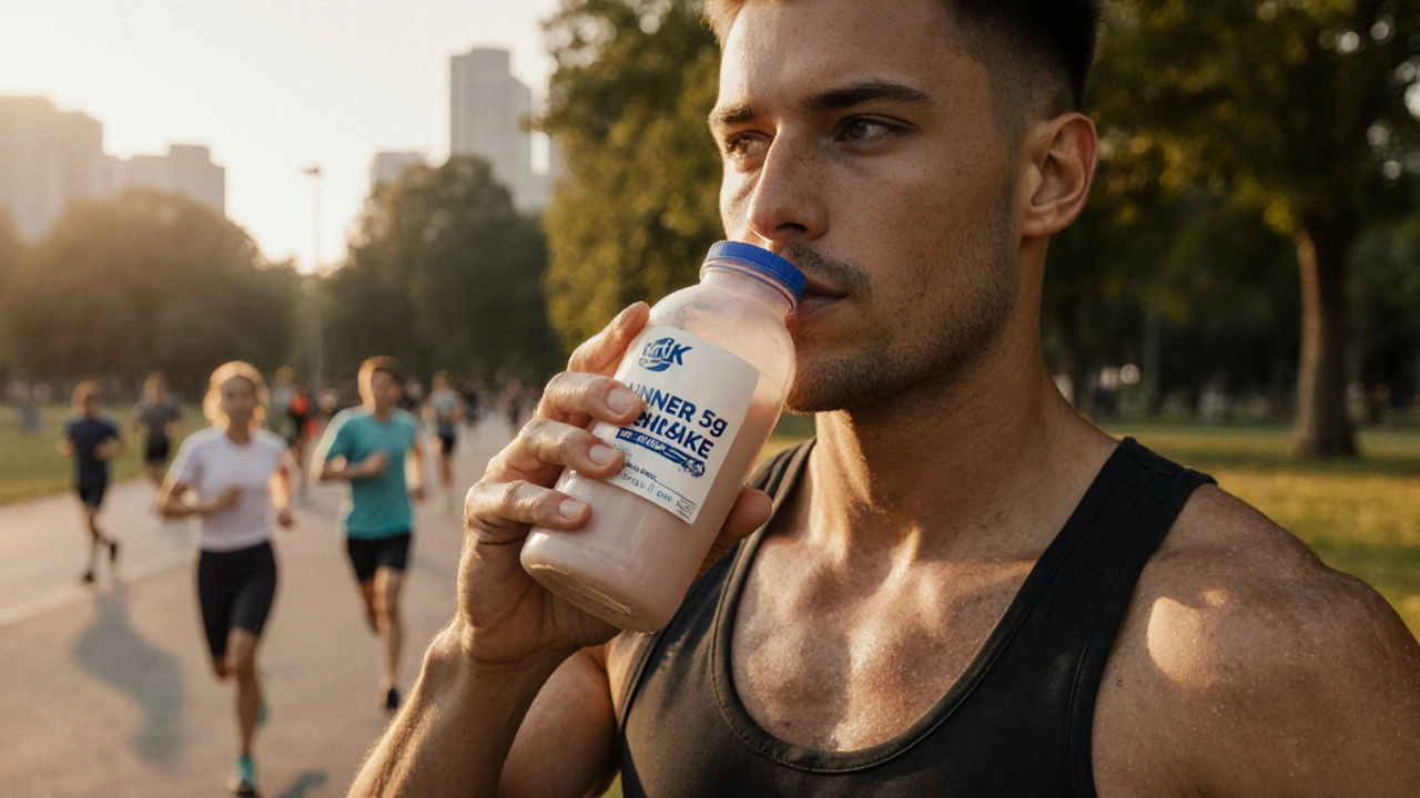 Person drinking a low-sugar protein shake after a morning walk in a park during golden hour.