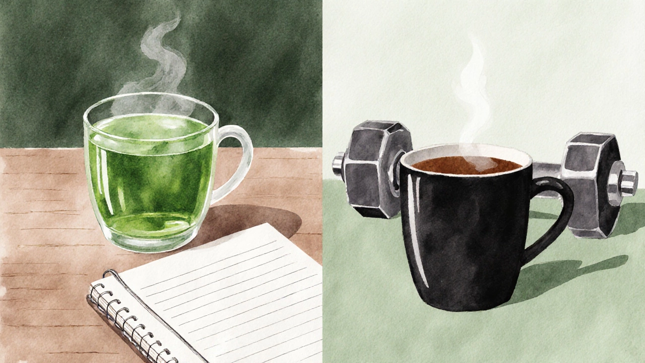 Person drinking green tea and coffee at different times of day with workout elements nearby.