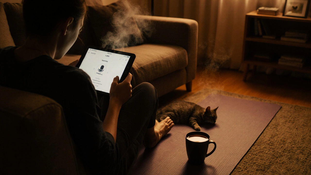 Person relaxing with a yoga app on tablet, tea nearby, cat sleeping—calm, simple, and human-centered moment.