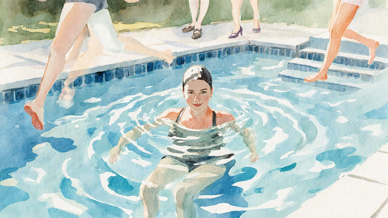 Person swimming in a sunlit pool, with abstract symbols of other cardio activities around them.