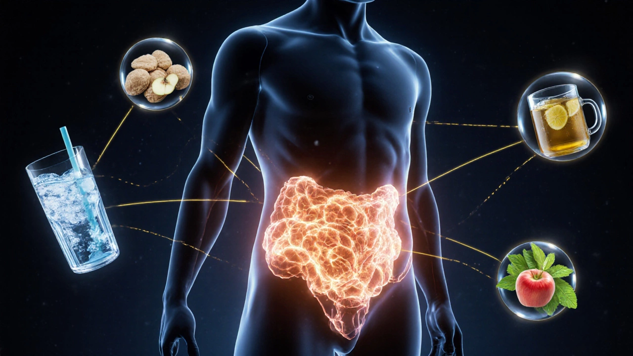 Silhouette with transparent abdomen showing fat cells shrinking, surrounded by healthy drink icons.