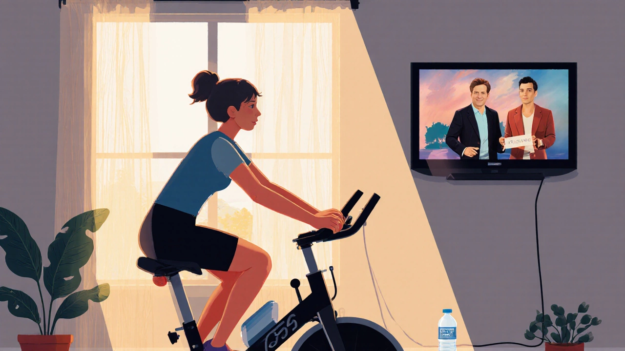 Someone cycling indoors while watching TV, with sunlight streaming through a window.