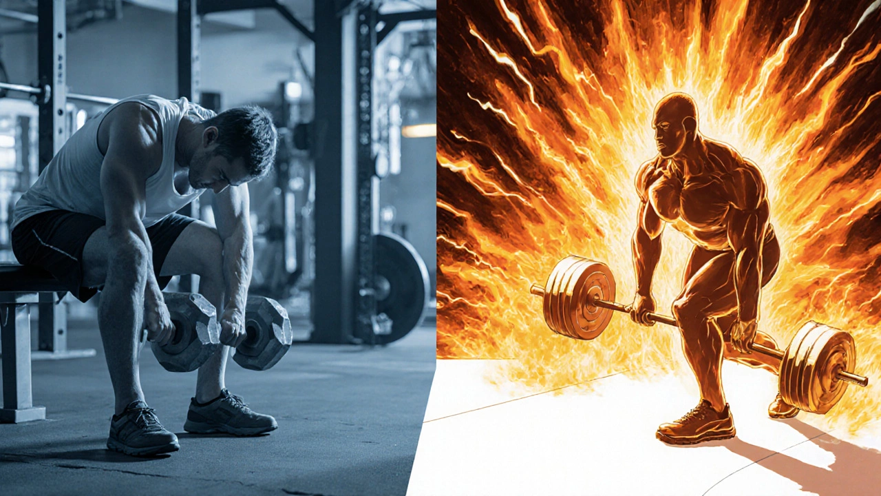 Split illustration showing fatigue after cardio versus power during weightlifting.