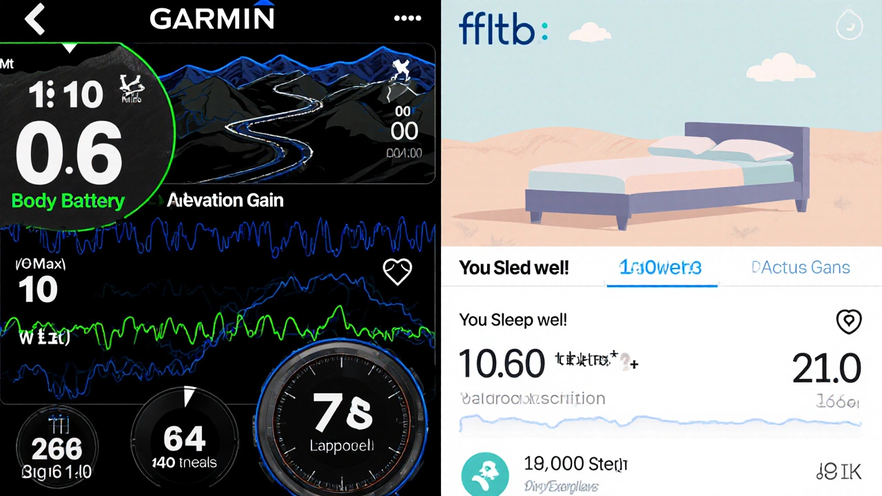 Split image: technical fitness data on left, simple wellness insights on right.