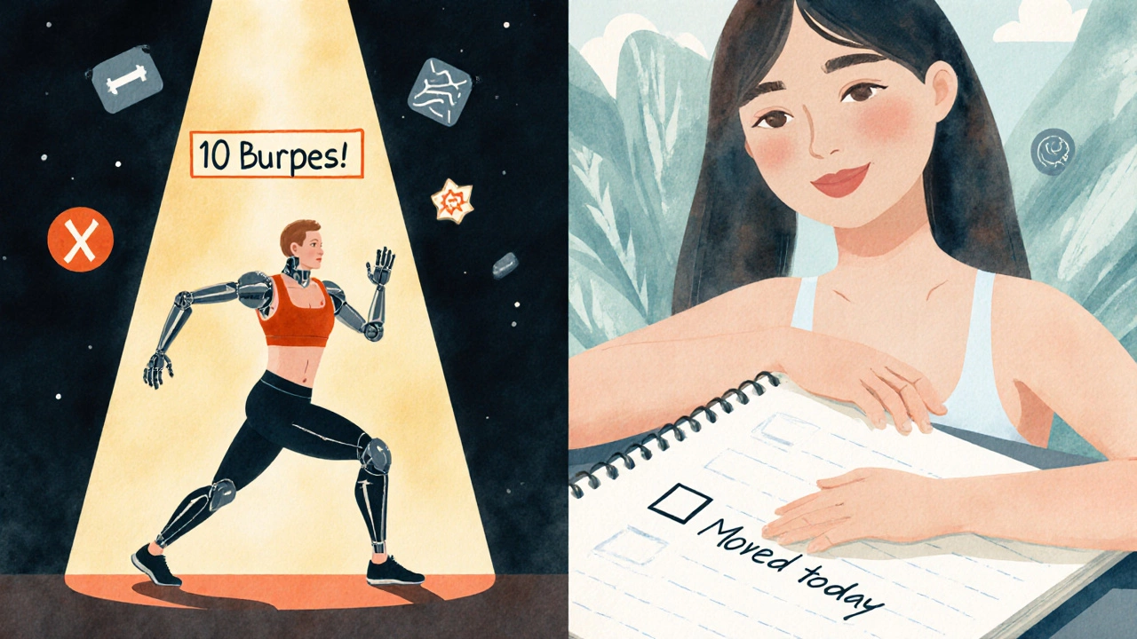 Split scene: person trapped by rigid fitness metrics vs. same person peacefully stretching in natural light.