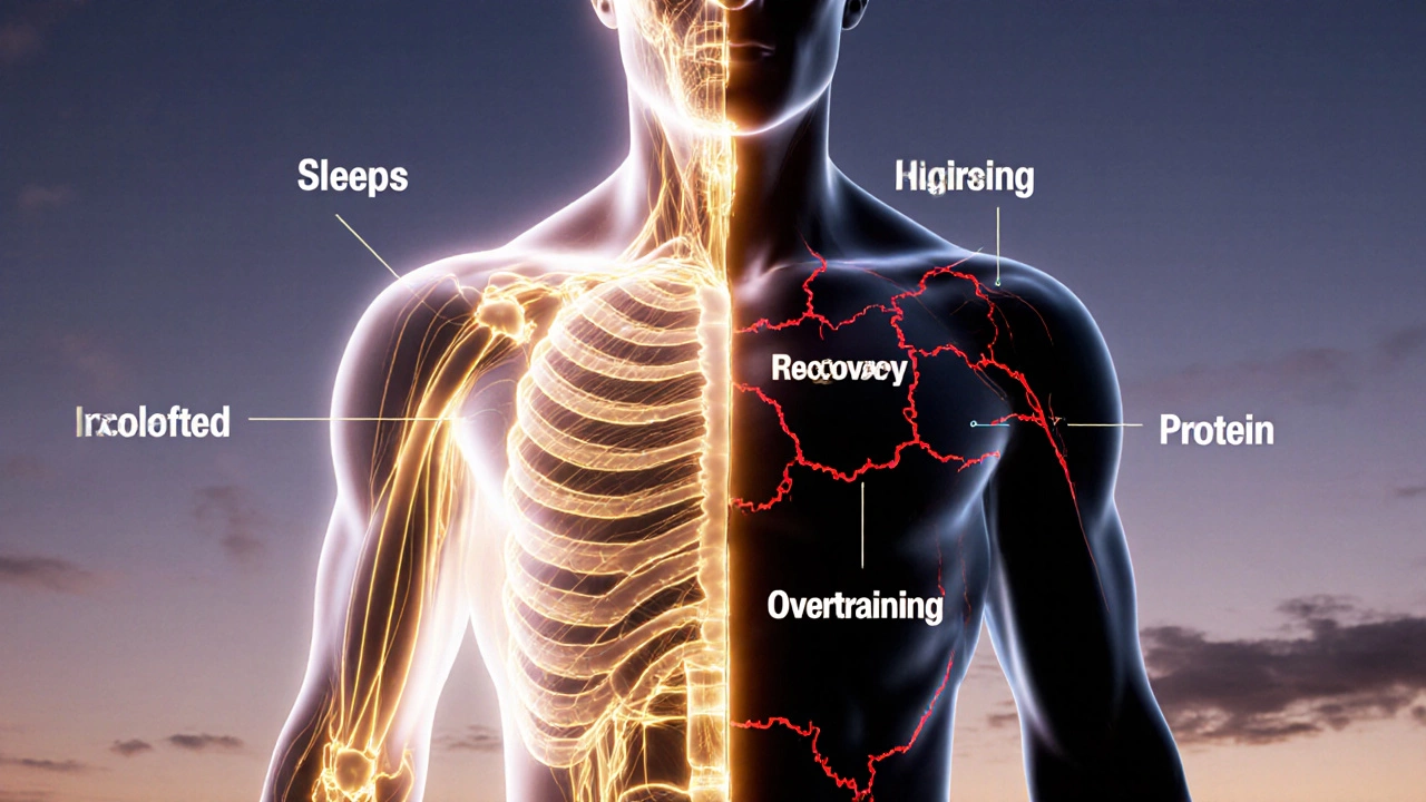 Translucent human body showing glowing recovery pathways on one side and injury cracks on the other.